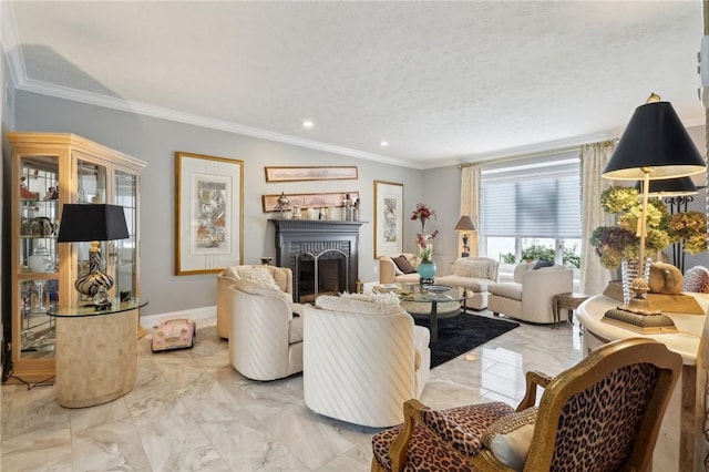 living room featuring a fireplace, crown molding, and a textured ceiling