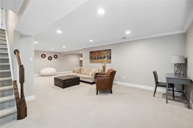 living room featuring crown molding and light colored carpet