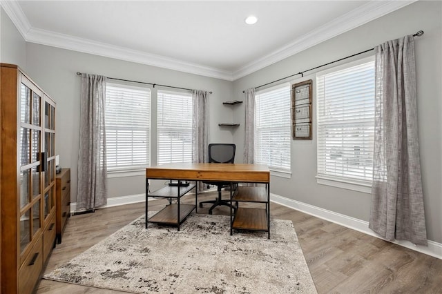 office space with ornamental molding, a healthy amount of sunlight, and light hardwood / wood-style floors