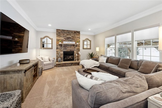 carpeted living room with crown molding and a fireplace