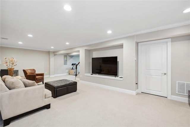 carpeted living room featuring crown molding