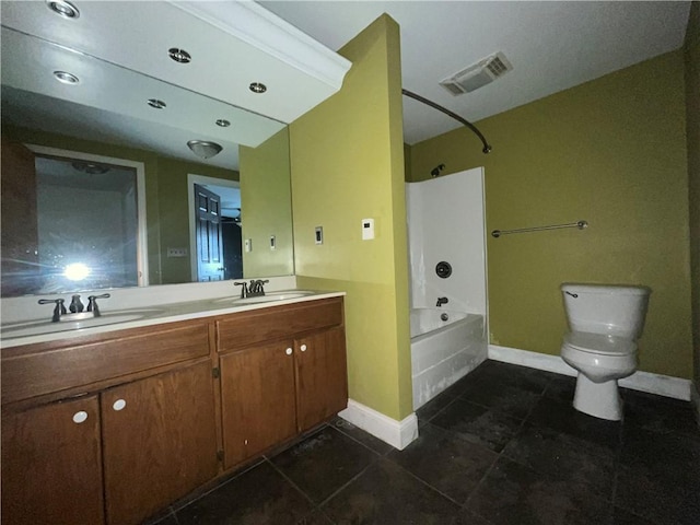 full bathroom featuring shower / bathtub combination, toilet, and vanity