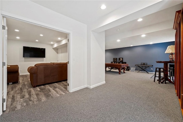 interior space featuring dark carpet