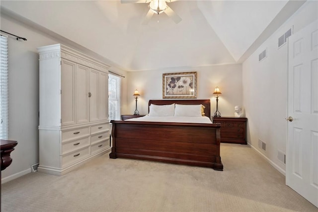 bedroom with light carpet, ceiling fan, and lofted ceiling