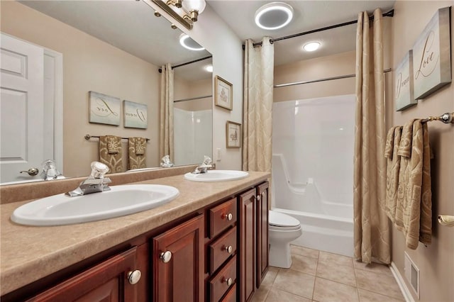 full bathroom with toilet, vanity, tile patterned flooring, and shower / bathtub combination with curtain