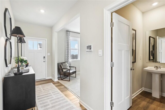 foyer with sink and dark hardwood / wood-style floors