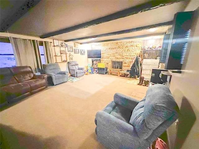 living room featuring beam ceiling