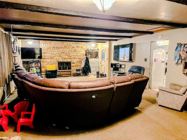 living room featuring beam ceiling