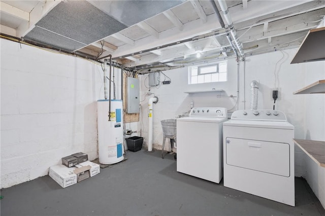 laundry room featuring water heater, electric panel, and independent washer and dryer