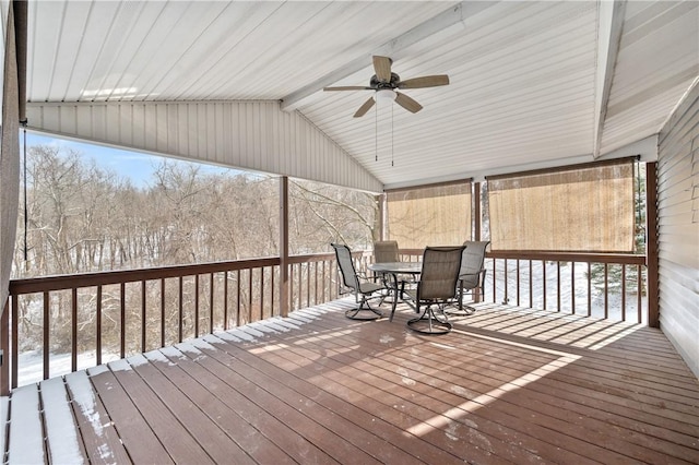 snow covered deck featuring ceiling fan