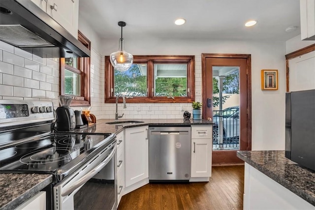 kitchen with ventilation hood, appliances with stainless steel finishes, pendant lighting, white cabinets, and sink