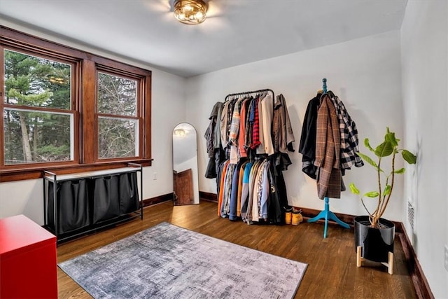 walk in closet with dark hardwood / wood-style flooring