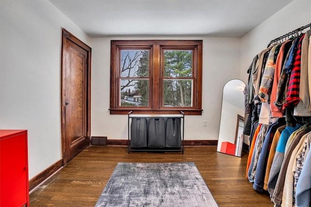 spacious closet with dark hardwood / wood-style flooring