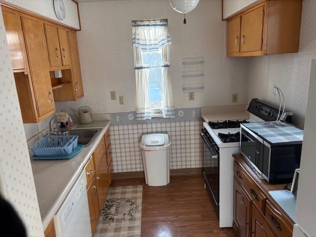 kitchen with dark wood-type flooring, sink, and white appliances