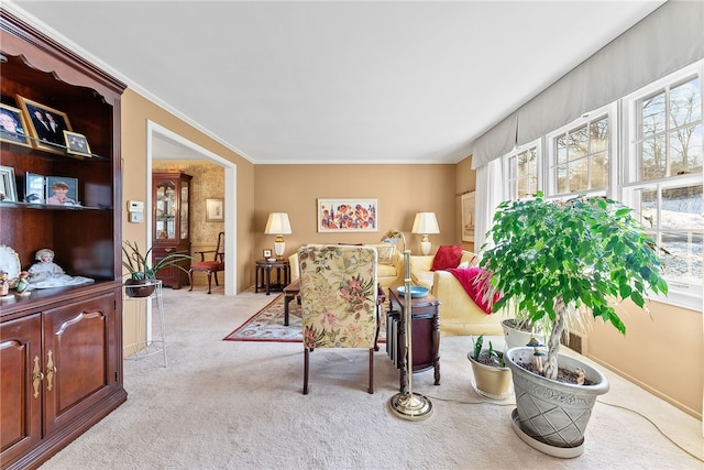 living room featuring light carpet and crown molding