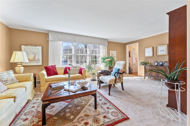 carpeted living room with ornamental molding