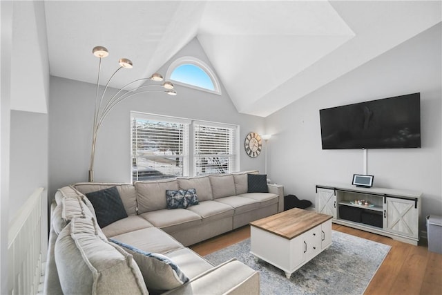 living room with light hardwood / wood-style flooring and lofted ceiling