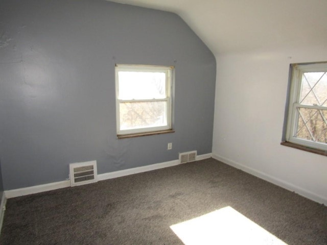 unfurnished room featuring a wealth of natural light, carpet flooring, and vaulted ceiling