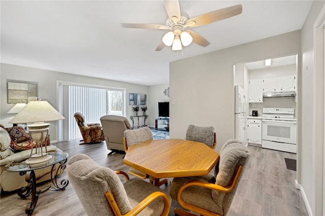 dining area with ceiling fan and light hardwood / wood-style flooring