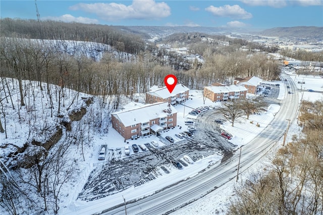 snowy aerial view with a mountain view