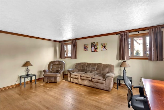 living room with a wealth of natural light, crown molding, light hardwood / wood-style flooring, and a textured ceiling