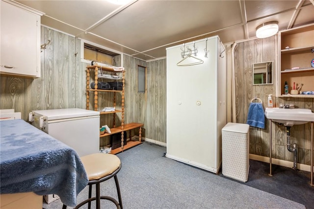 carpeted bedroom with wood walls, fridge, and sink