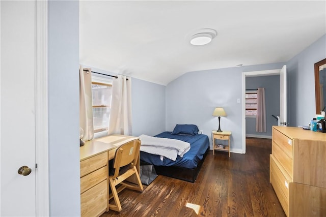 bedroom featuring dark hardwood / wood-style flooring, lofted ceiling, and multiple windows