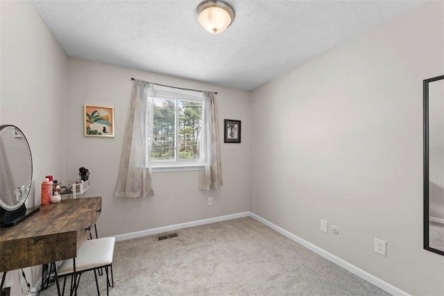 home office with carpet and a textured ceiling