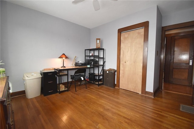 office featuring hardwood / wood-style flooring and ceiling fan