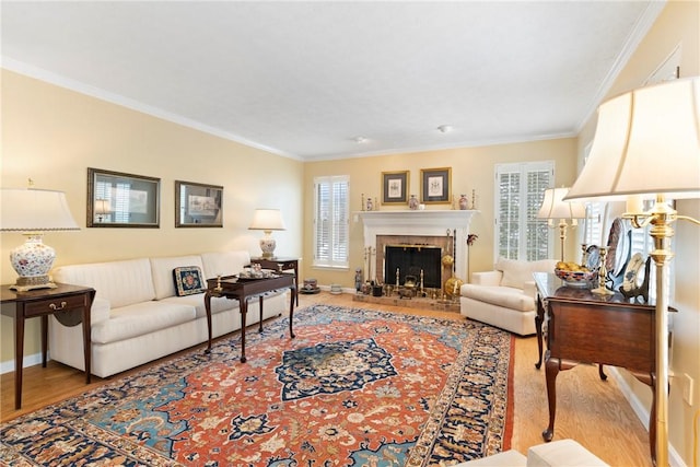 living room with crown molding and light wood-type flooring