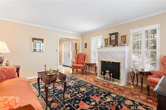 living room with wood-type flooring, a wealth of natural light, ornamental molding, and a fireplace