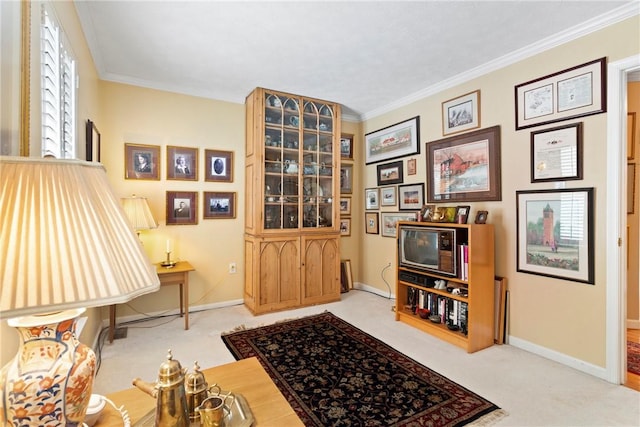 living area with light colored carpet and crown molding