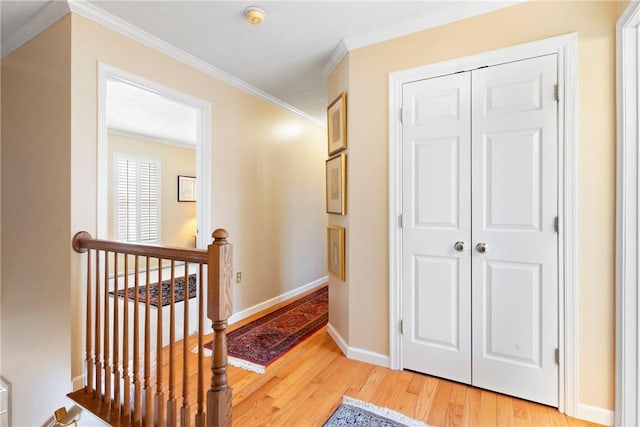 corridor with light hardwood / wood-style flooring and crown molding