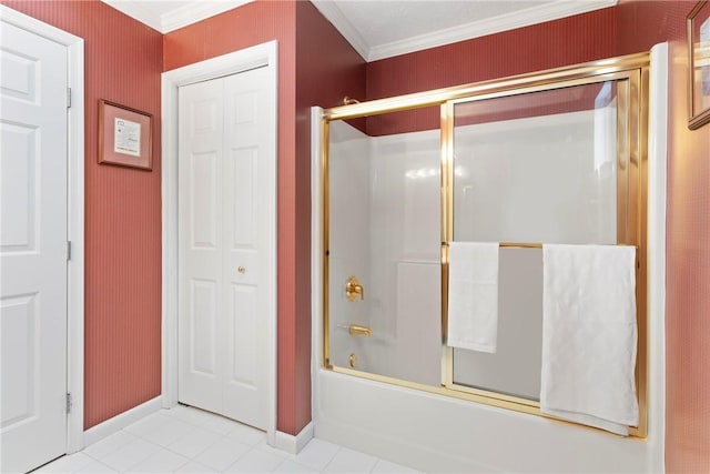 bathroom with enclosed tub / shower combo, crown molding, and tile patterned flooring