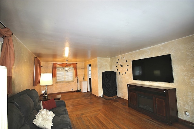 living room with dark parquet flooring