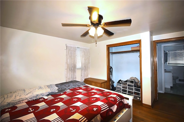 unfurnished bedroom featuring a closet, ceiling fan, and dark hardwood / wood-style floors