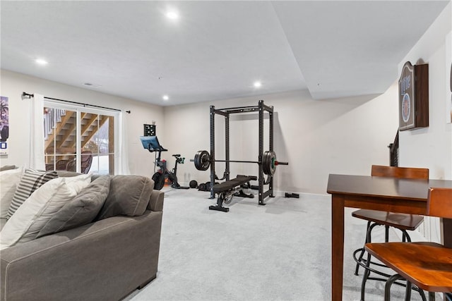 workout room with light carpet