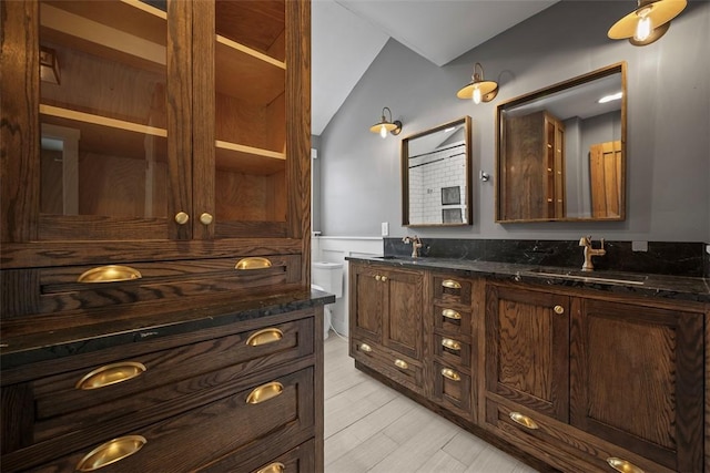 bathroom with toilet, vaulted ceiling, and vanity