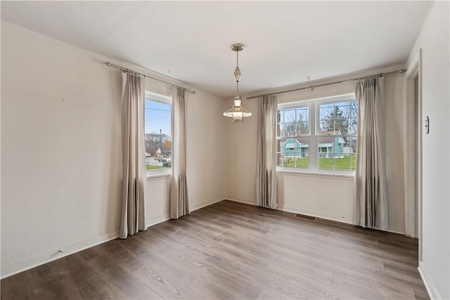 unfurnished dining area with wood-type flooring and a wealth of natural light