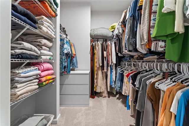 walk in closet featuring light carpet