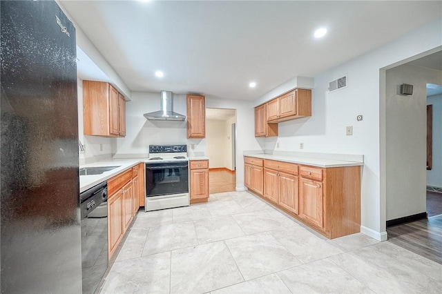 kitchen featuring sink, dishwasher, wall chimney exhaust hood, and white range with electric cooktop