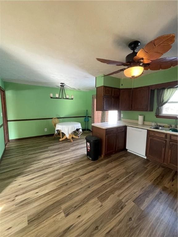 kitchen featuring dishwasher, hardwood / wood-style flooring, sink, dark brown cabinetry, and ceiling fan