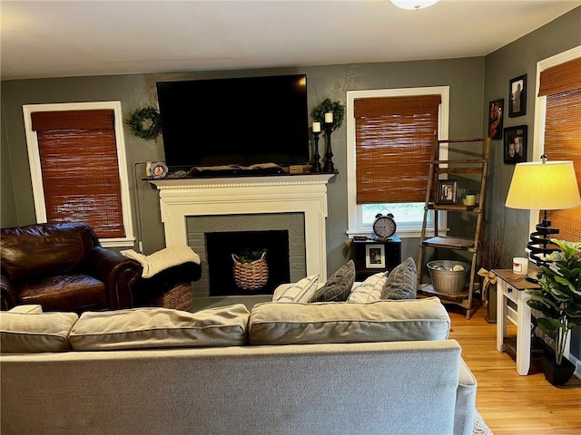 living room featuring light hardwood / wood-style floors and a fireplace