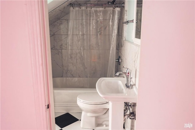 full bathroom with sink, toilet, shower / tub combo, and tile patterned flooring