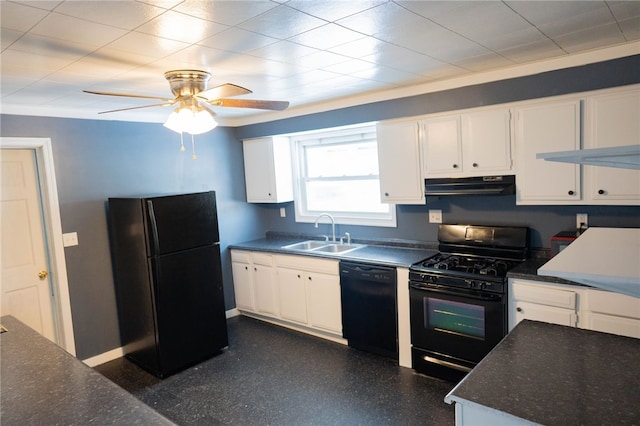 kitchen with ceiling fan, sink, white cabinetry, and black appliances