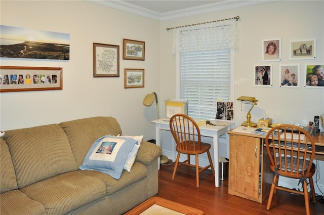 office space with crown molding and dark wood-type flooring