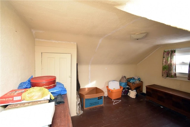 additional living space featuring vaulted ceiling, dark wood-type flooring, and a textured ceiling