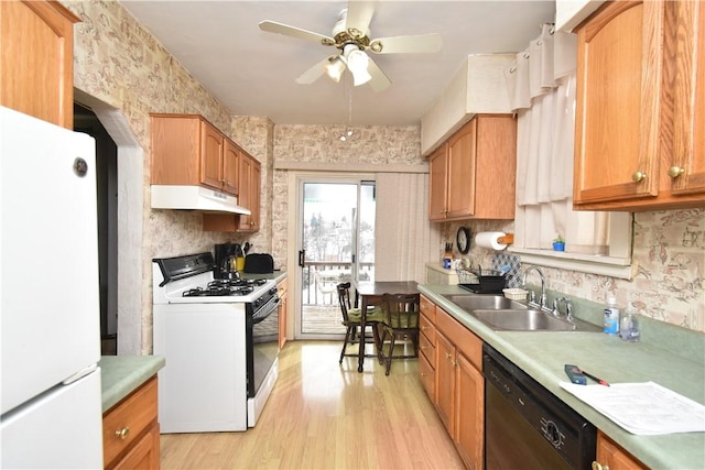 kitchen with tasteful backsplash, sink, light wood-type flooring, ceiling fan, and white appliances