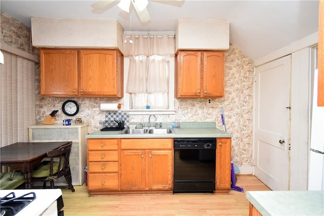 kitchen with sink, light hardwood / wood-style floors, dishwasher, and ceiling fan