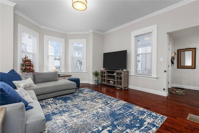 living room featuring dark hardwood / wood-style floors and ornamental molding